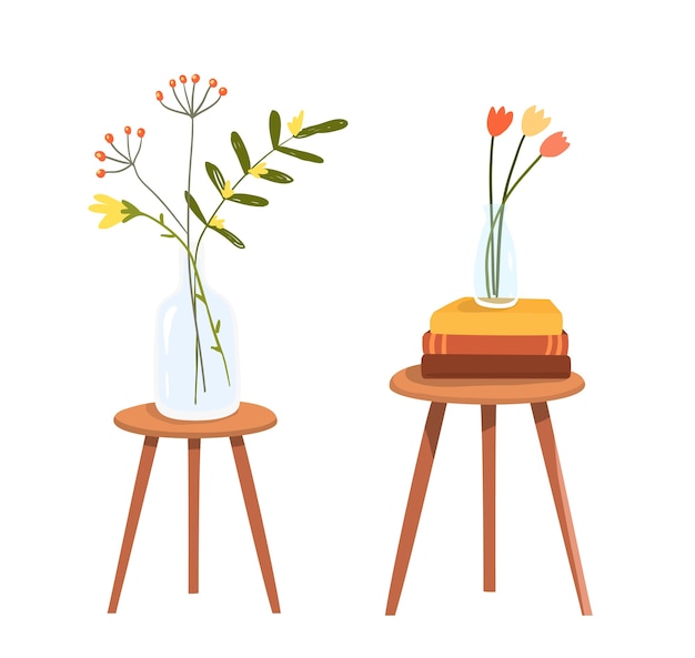 Tafel met stapel boeken en bloemen in vaas vector platte hand getrokken clipart.