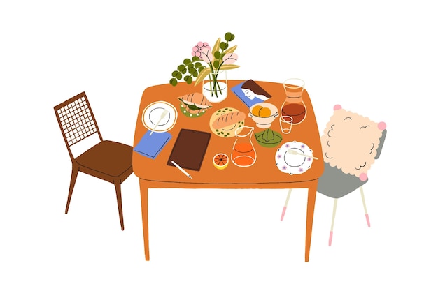 Tafel set met ontbijt eten geserveerd met gerechten eten en drinken Croissant brood dranken in glas en kruik tekenen tablet boek Platte grafische vector illustratie geïsoleerd op witte achtergrond
