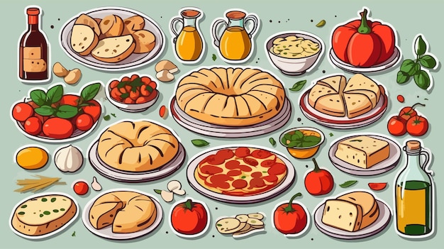 Tafel vol met een verscheidenheid aan voedingsmiddelen 2d vector illustratie