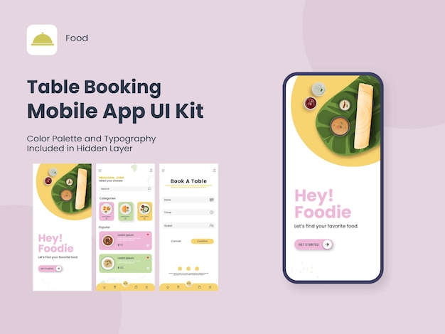 Tafelreservering Mobiele app UI-kit inclusief als aanmeldingsmenu en gereserveerde tafeldetails voor responsieve website