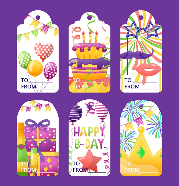 Tag for birthday greeting, vector illustration. graphic design for holiday celebration set, card collection with gift, cake, balloon and birthday crown. paper label , sticker decoration.