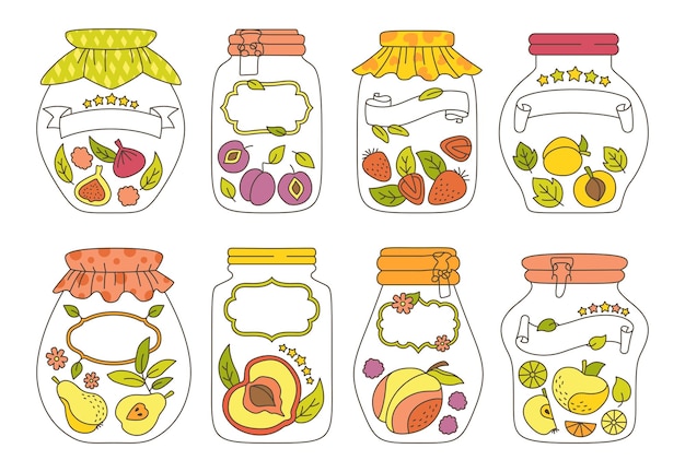 Tag and sticker glass jar fruit doodle set. cartoon juice peach plum apricot apple.