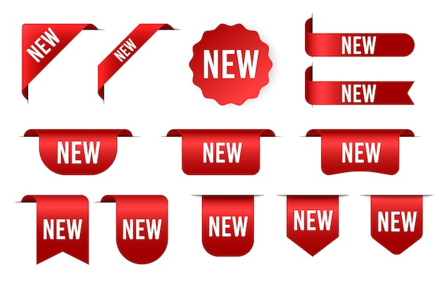 Etichetta adesiva a forma di badge nuovi o in vendita etichetta prodotto nastri angolari rossi e banner modello realistico di seta rossa di lusso