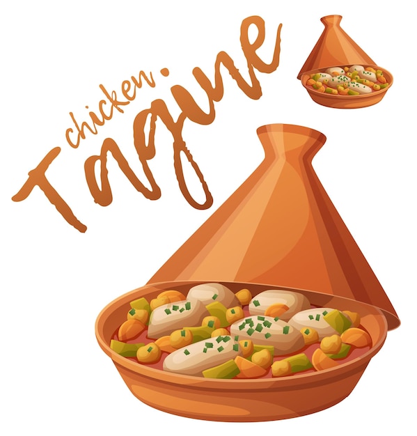 Tagine with chicken meat and vegetables icon Cartoon vector food illustration isolated on white background Series of food and drink and ingredients for cooking