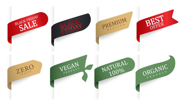 Vector tags ribbons with inscriptions for sale and designations of organic products.