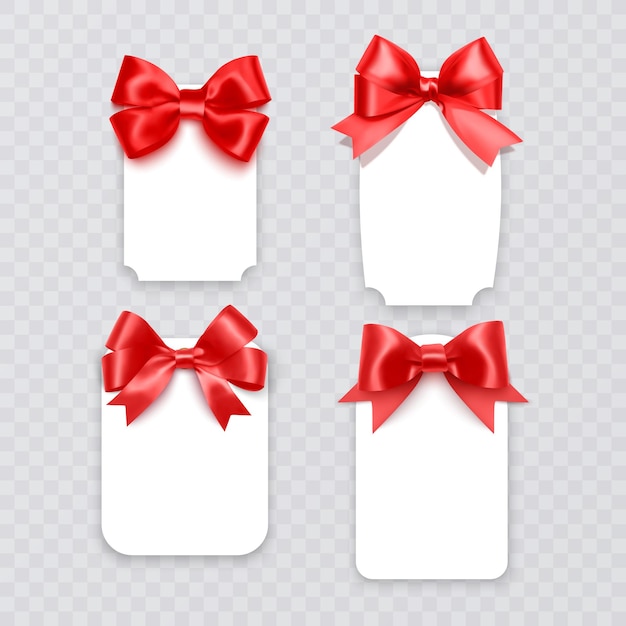 Tags with red bows blank white price paper labels with red ribbons for christmas birthday