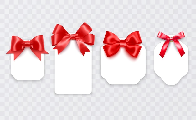 Теги с красными бантами пустые белые ценовые бумажные этикетки с красными лентами на рождество, день рождения или свадьбу, подарочная упаковка, вектор, реалистичная коллекция изолированных шаблонов