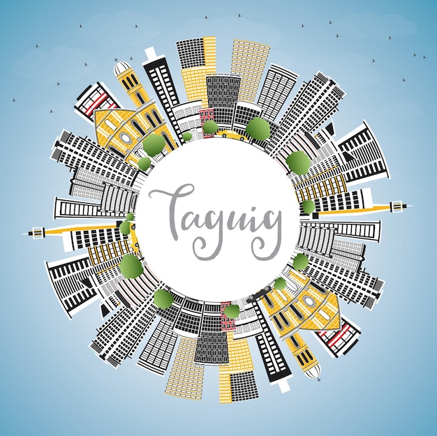 Taguig Philippines City Skyline with Color Buildings, Blue Sky and Copy Space. Vector Illustration. Business Travel and Tourism Concept with Modern Architecture. Taguig Cityscape with Landmarks.