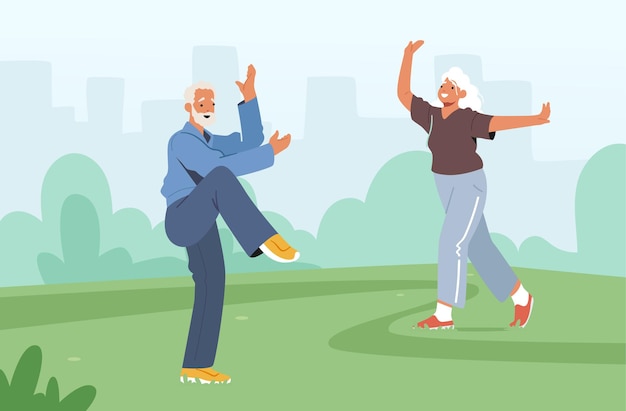 Corsi di gruppo di tai chi per anziani. personaggi senior che si esercitano all'aperto, stile di vita sano, allenamento per la flessibilità del corpo. allenamento mattutino dei pensionati al city park. fumetto illustrazione vettoriale