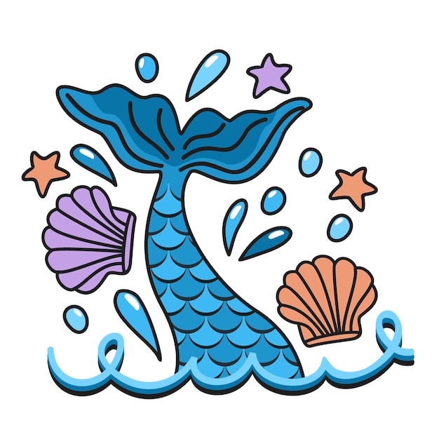 Tail of mermaid waves drops seashells and sea stars underwater concept vector isolated set