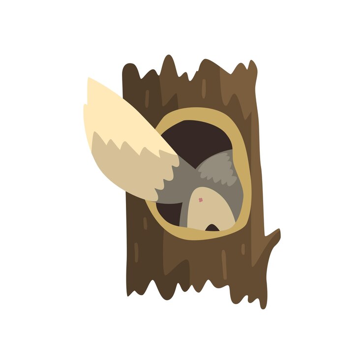 Vector tail of wolf sticking out of hollow tree hollowed out old tree and cute animal cartoon character inside vector illustration isolated on a white background