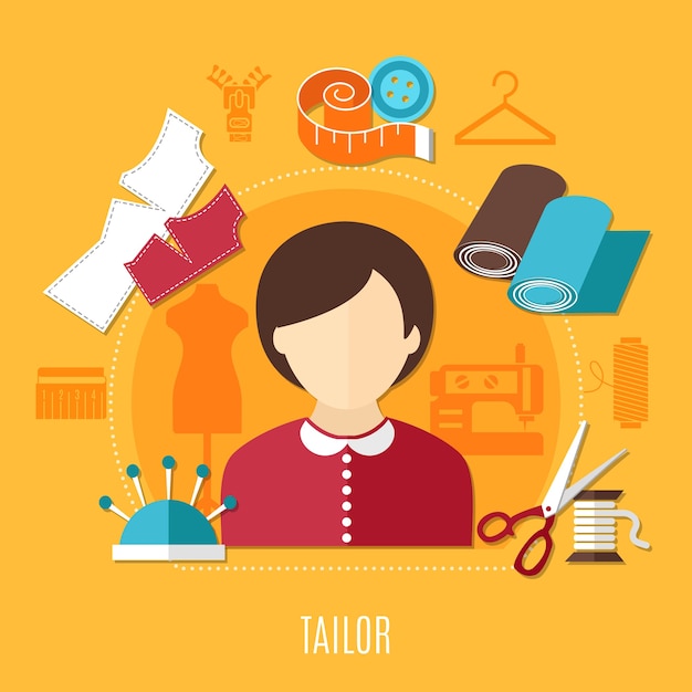 Tailor concept with sewing equipment fabric