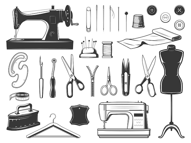 Vector tailor and seamstress tools sewing equipment illustration design