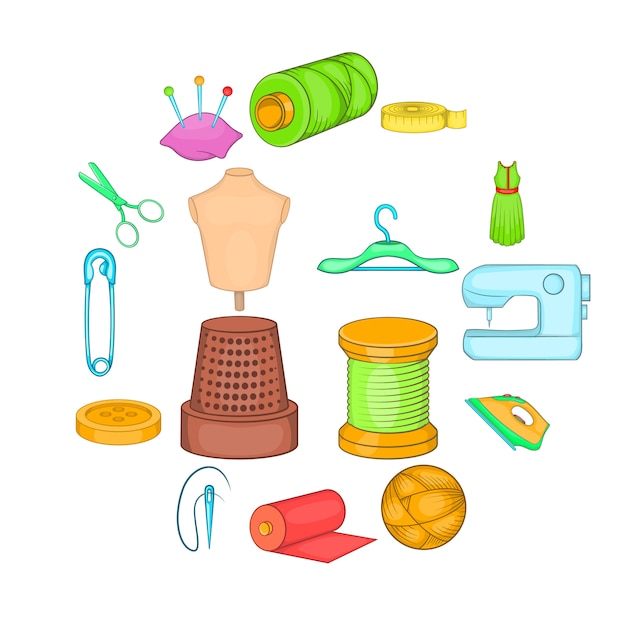 Vector tailoring icons set, cartoon style