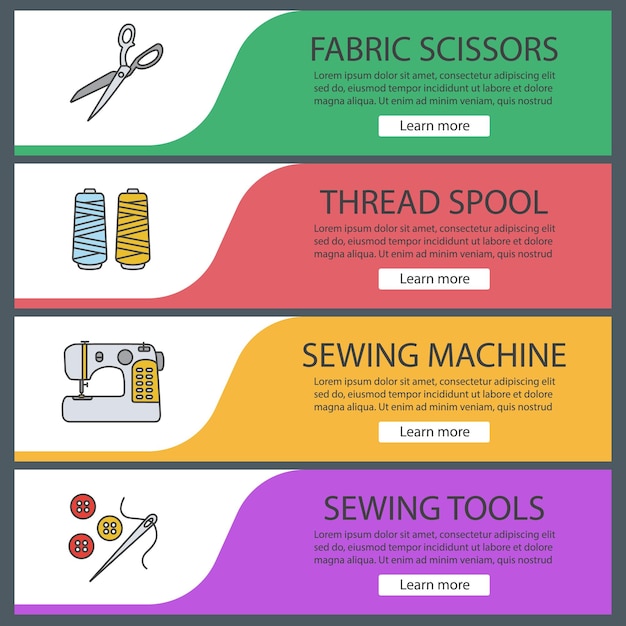 Tailoring web banner templates set. Fabric scissors, thread spool, sewing machine, needle and buttons. Website color menu items. Vector headers design concepts