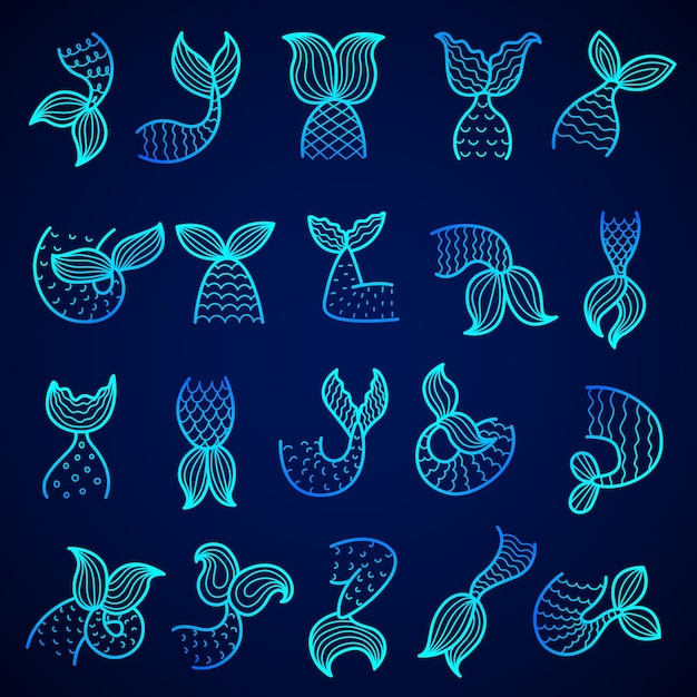 Vector tails of mermaid. ocean water symbols drawn tails of fishes scale vector set. illustration sea mermaid tail, underwater female