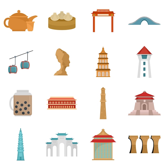 Taipei taiwan city skyline icons set