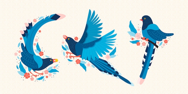 Vector taiwan blue magpie. symbol of taiwan urocissa caerulea. exotic birds of taiwan, china and of asia. blue cartoon bird and pink sakura blossoms.