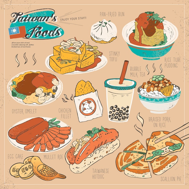 Vector taiwan delicious snacks collection set in flat style