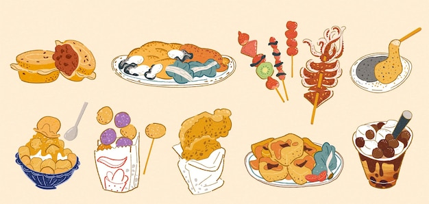 Vector taiwan doodle street food set