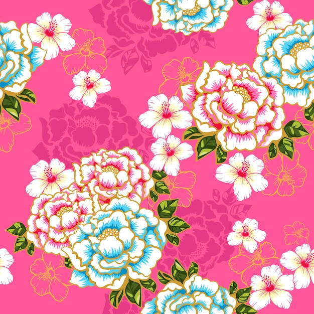 Vector taiwan hakka culture floral seamless pattern over pink