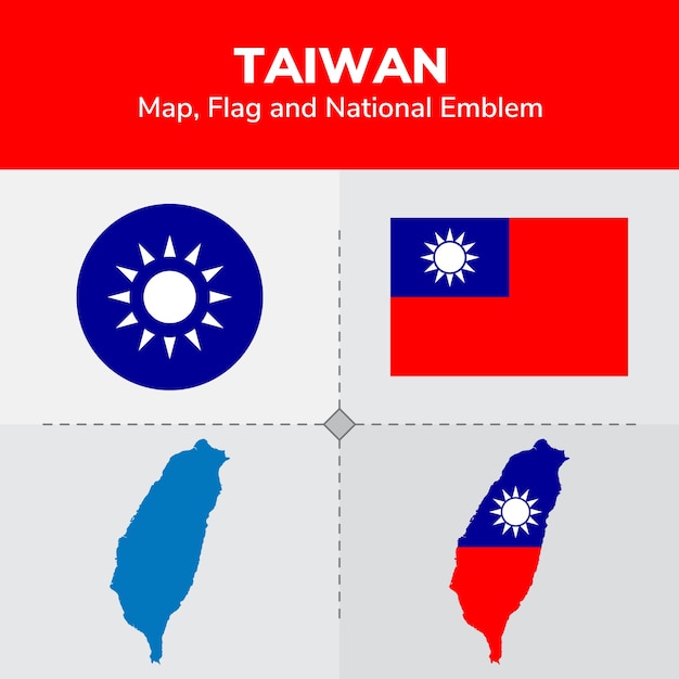 Mappa di taiwan, bandiera e emblema nazionale