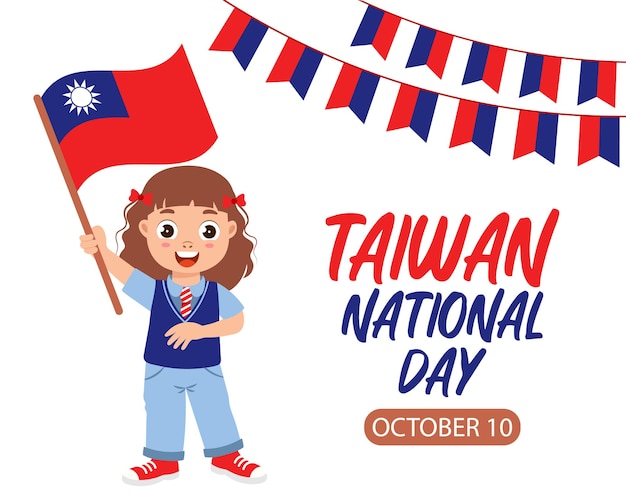 Taiwan national day greeting card Cute little girl with Taiwan flag Taiwan Memorial Day is October