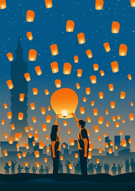 Vector taiwan sky lantern festival