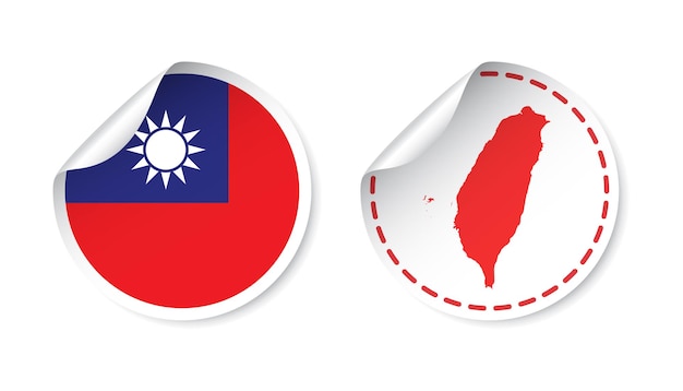 旗と地図が付いている台湾のステッカー白い背景の上の国のベクトル図とラベルの丸いタグ