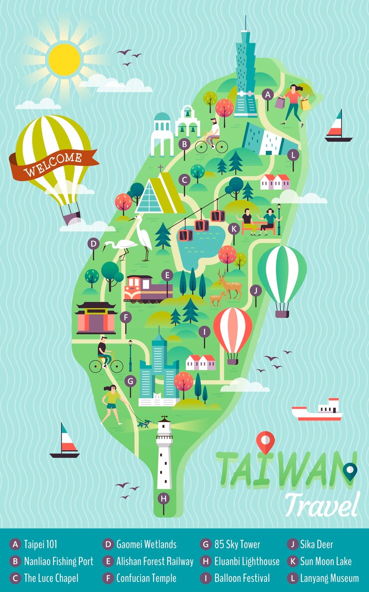 Vector taiwan travel concept map, famous landmarks in this lovely island
