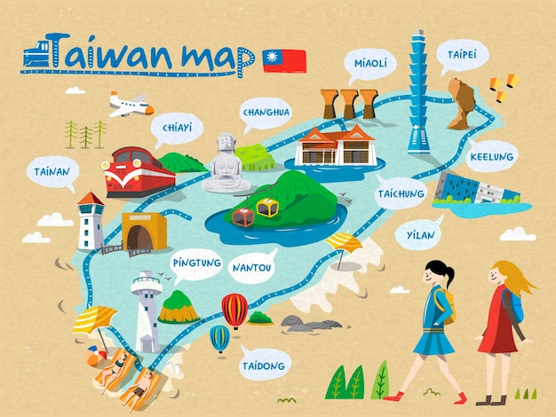 Taiwan mappa di viaggio, tutta la versione inglese, in stile rilassante