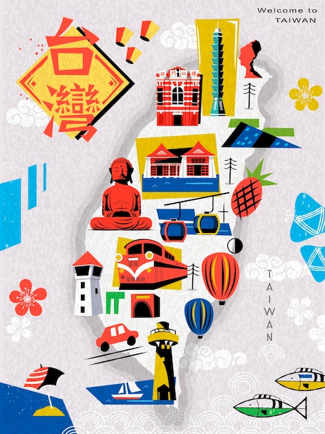 Vector taiwan travel map, with chinese words writing taiwan on the wop left and the redhouse on the red building