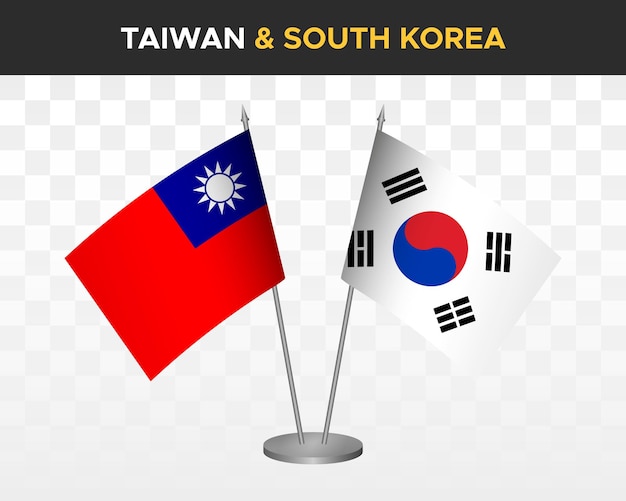 Taiwan vs south korea desk flags mockup isolated 3d vector illustration taiwanese table flag