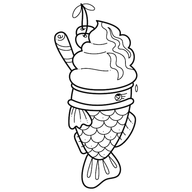 Taiyaki enkele doodle4 Leuke Aziatische zoete gevulde vis met ijs Cartoon witte en zwarte vectorillustratie