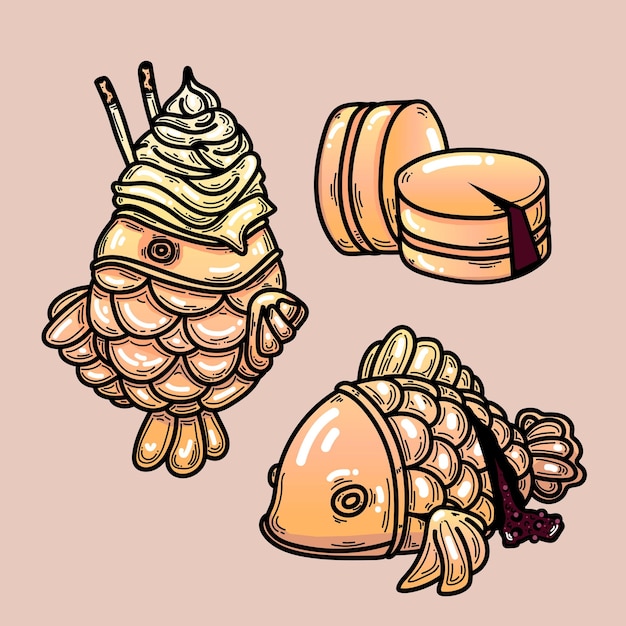 Taiyaki fish bread set cartoon style