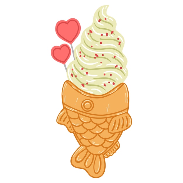 Taiyaki fishshaped ice cream cone in cartoon flat style hand drawn vector illustration of traditional japanese food sweet dessert