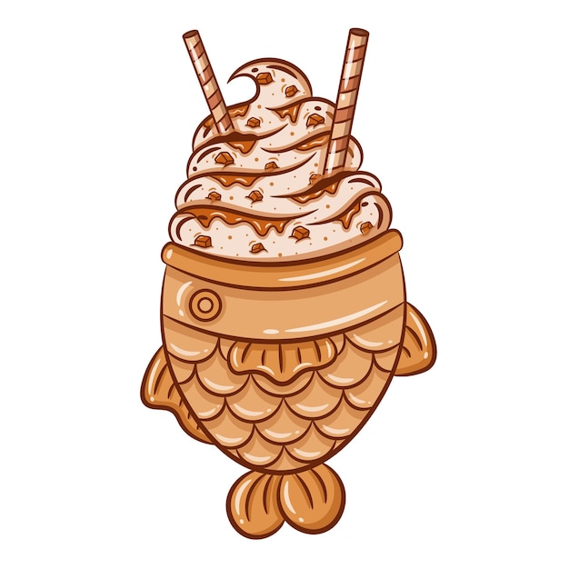 Taiyaki met karamelijs en tekening van chocoladewafelstokjes