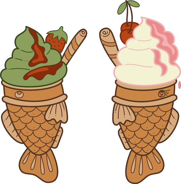 Vettore taiyaki due doodle2 carino pesce ripieno dolce asiatico con gelato illustrazione vettoriale a colori dei cartoni animati