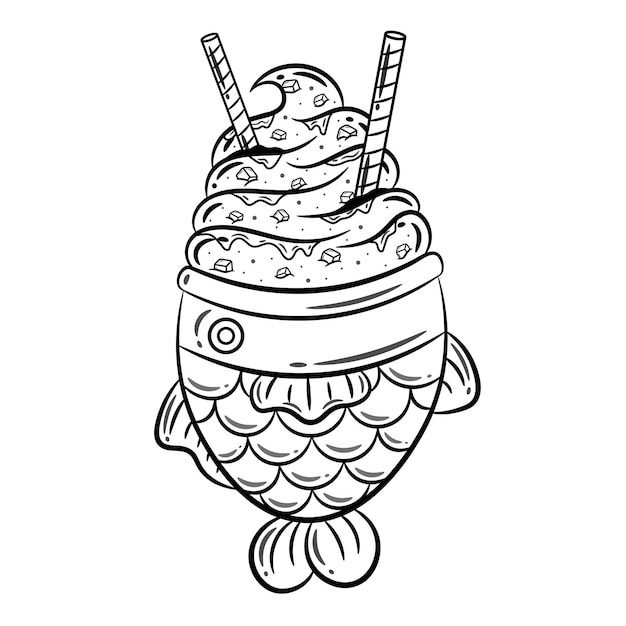 Taiyaki with caramel ice cream and chocolate wafer sticks drawing sketch for coloring