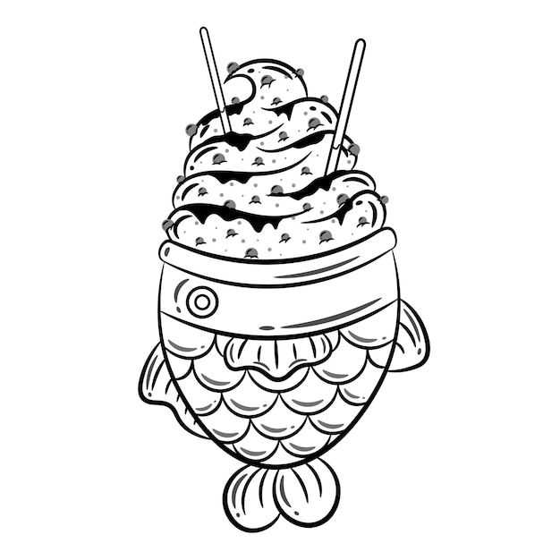 색칠을 위한 아이스크림과 막대 그리기 스케치가 있는 붕어빵