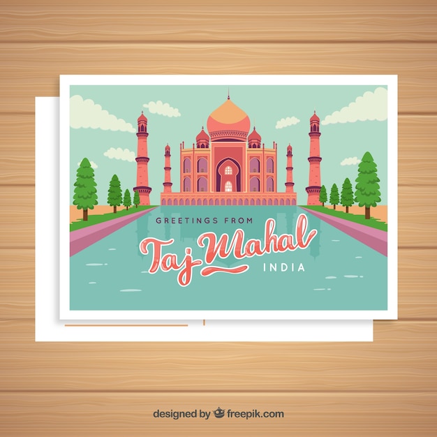 Taj mahal postcard template with hand drawn style