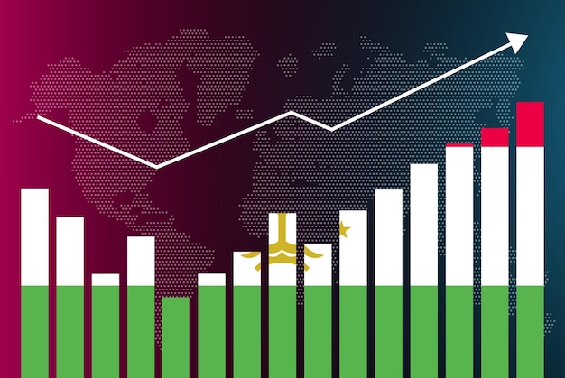 Tajikistan bar chart graph with ups and downs, increasing values, Tajikistan country flag on bar gra