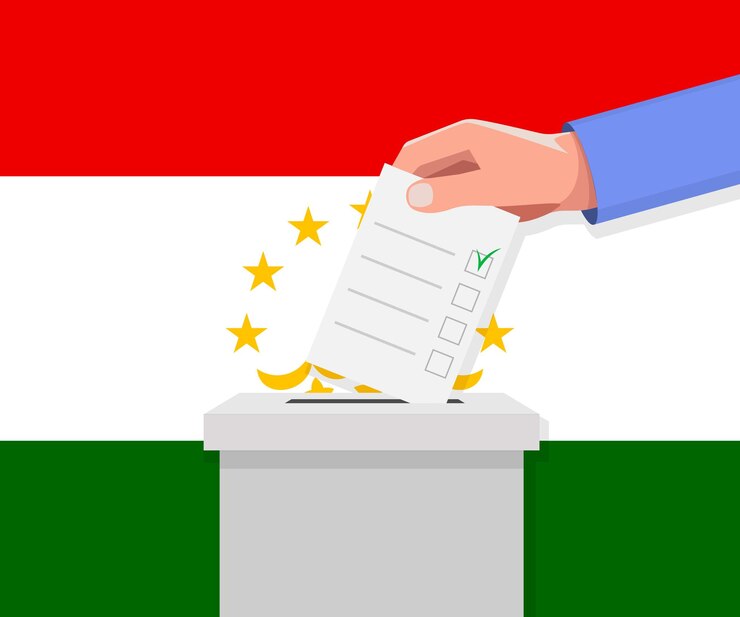 Tajikistan election concept Hand puts vote bulletin