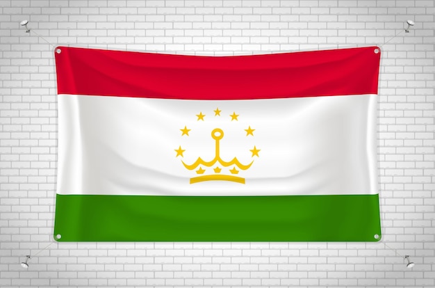 Tajikistan flag hanging on brick wall. 3D drawing. Flag attached to the wall.