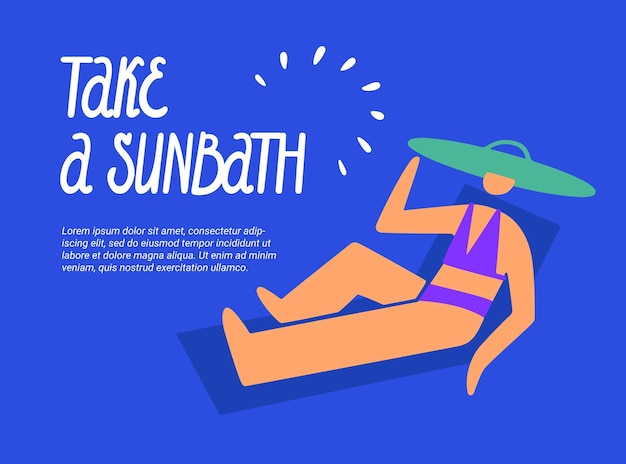 日光浴をしてください。日光浴をする女性がサンラウンジャーに横になっている雑誌のページまたはチラシ。レタリング。