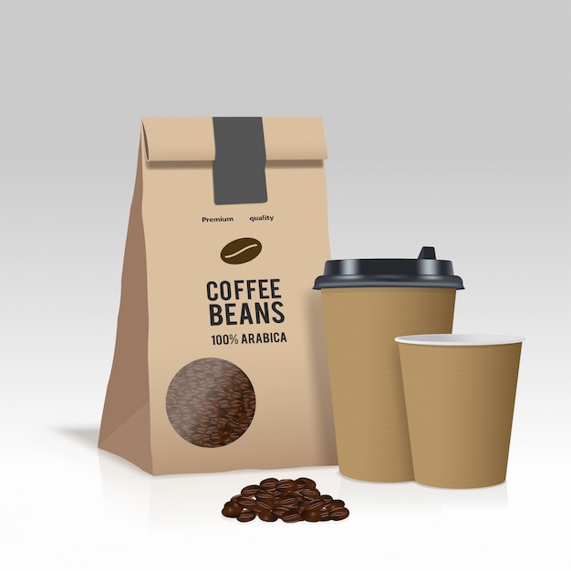 Vector take away paper coffee cup and brown paper bag with coffee beans.