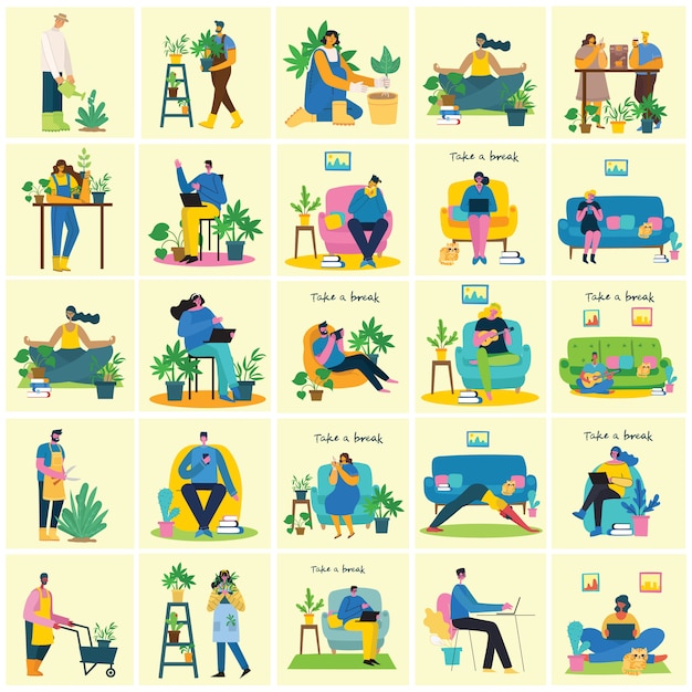 Vector take a break collage illustration. people have rest and drink coffee, use tablet on chair and sofa. flat style.