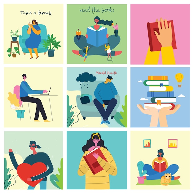 Take a break illustration set. people have rest and drink coffee, use tablet on chair and sofa. flat modern style