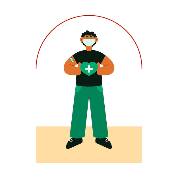 Take care of your health. Vector character holding green heart. Symbol of caring attitude towards your body. Preventive measures to protect against diseases, vaccination
