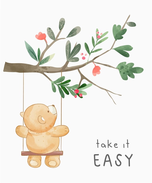 take it easy slogan with cute bear on swing illustration